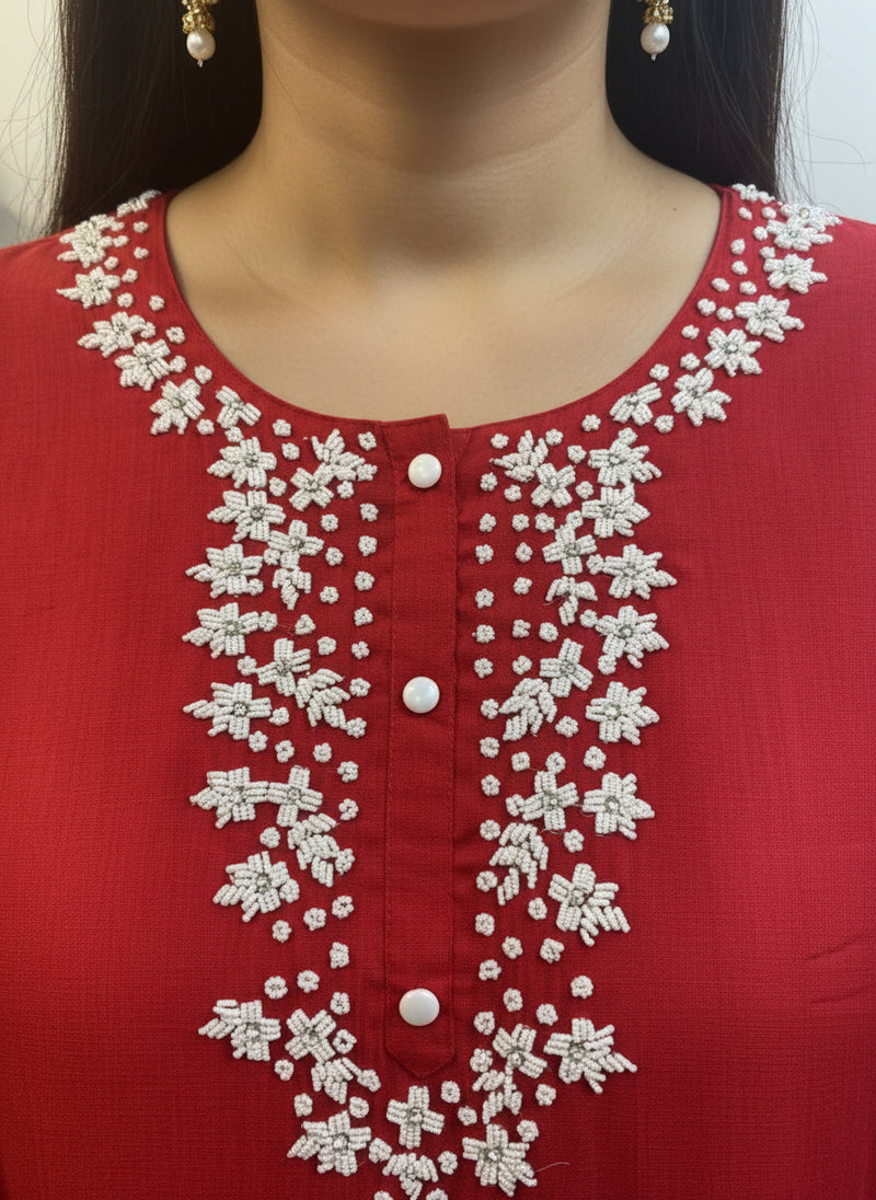 Red Kurti with Pearl Embroidery