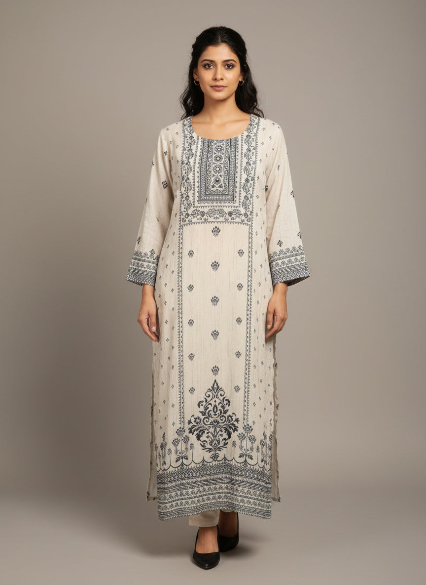 Printed Kurti with Neckline Embroidery