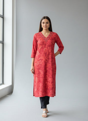 Shibori Kurti with Embroidered Neckline