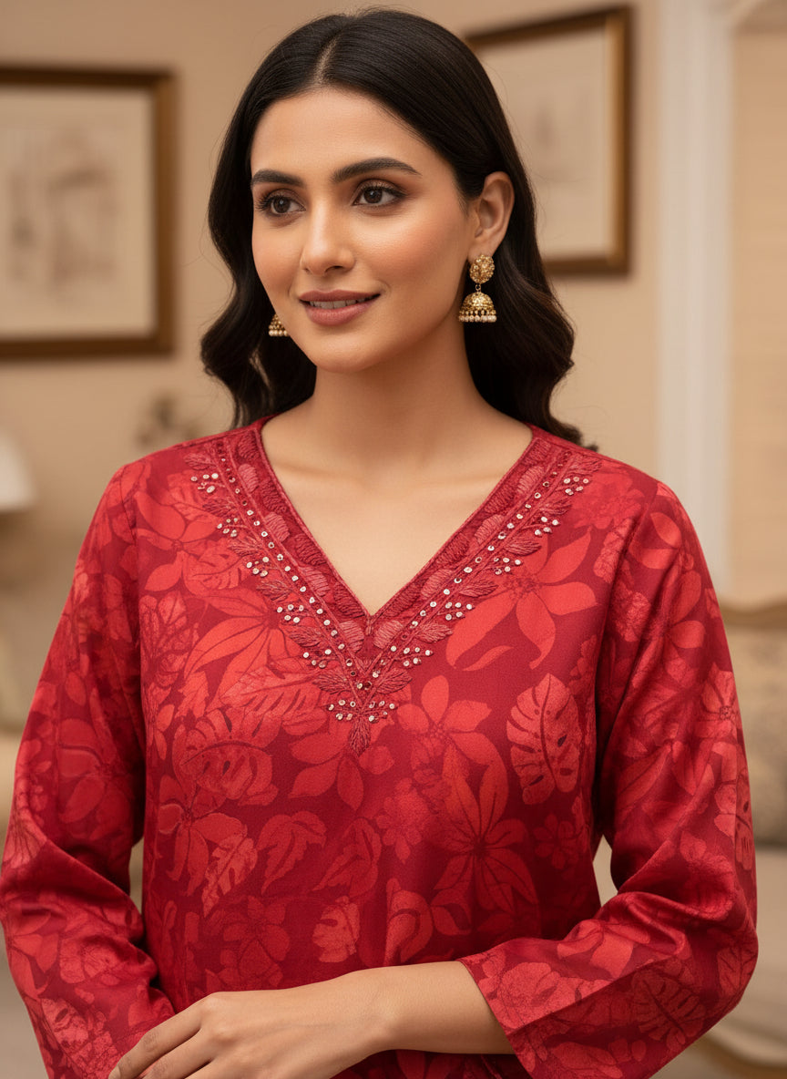 Printed Kurti with Neckline Embroidery